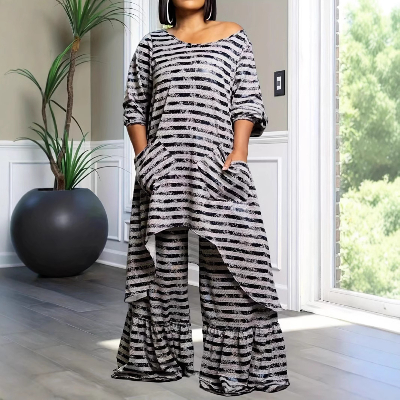 Dámsky ležérny oblek Directional Plus Size, veľkosť Zväčšenie, módny ležérny nepravidelný top a skladané nohavice so širokými nohavicami