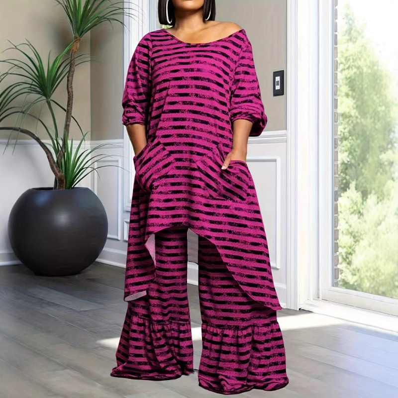 Dámsky ležérny oblek Directional Plus Size, veľkosť Zväčšenie, módny ležérny nepravidelný top a skladané nohavice so širokými nohavicami