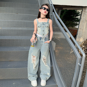 Ρετρό Νοσταλγικό Τζιν με Σκισίματα για Κορίτσια Καλοκαιρινά Καυτά Κορίτσια Ψηλόμεσα Παντελόνια με Φαρδιά Πόδια και Τιράντες σε Σετ Δύο Τεμαχίων