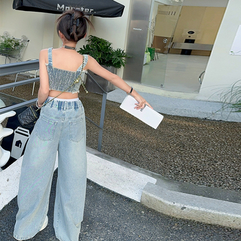 Ρετρό Νοσταλγικό Τζιν με Σκισίματα για Κορίτσια Καλοκαιρινά Καυτά Κορίτσια Ψηλόμεσα Παντελόνια με Φαρδιά Πόδια και Τιράντες σε Σετ Δύο Τεμαχίων