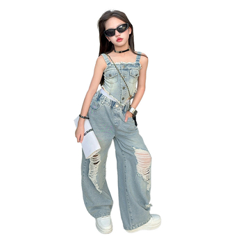 Ρετρό Νοσταλγικό Τζιν με Σκισίματα για Κορίτσια Καλοκαιρινά Καυτά Κορίτσια Ψηλόμεσα Παντελόνια με Φαρδιά Πόδια και Τιράντες σε Σετ Δύο Τεμαχίων