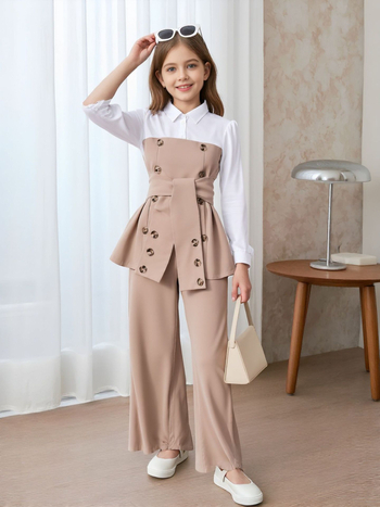 Kaheosaline komplekt keskealistele ja vanematele lastele (tüdrukutele), lapitehnikas pluus + laienevad püksid-ülikond