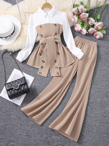 Kaheosaline komplekt keskealistele ja vanematele lastele (tüdrukutele), lapitehnikas pluus + laienevad püksid-ülikond