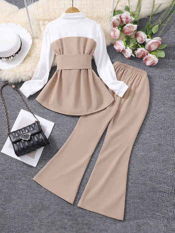 Kaheosaline komplekt keskealistele ja vanematele lastele (tüdrukutele), lapitehnikas pluus + laienevad püksid-ülikond