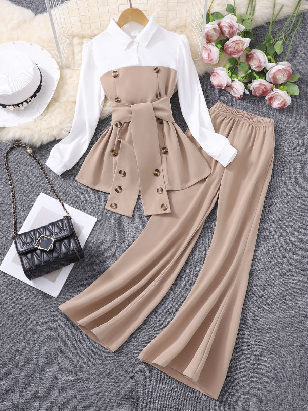 Kaheosaline komplekt keskealistele ja vanematele lastele (tüdrukutele), lapitehnikas pluus + laienevad püksid-ülikond