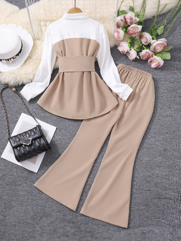 Kaheosaline komplekt keskealistele ja vanematele lastele (tüdrukutele), lapitehnikas pluus + laienevad püksid-ülikond