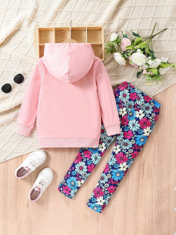 Σετ παντελονιών με μακριά μανίκια για κορίτσια εξωτερικού εμπορίου χονδρικής, δύο τεμαχίων, άνοιξη και φθινόπωρο, ροζ ακανόνιστο μοτίβο λουλουδιών