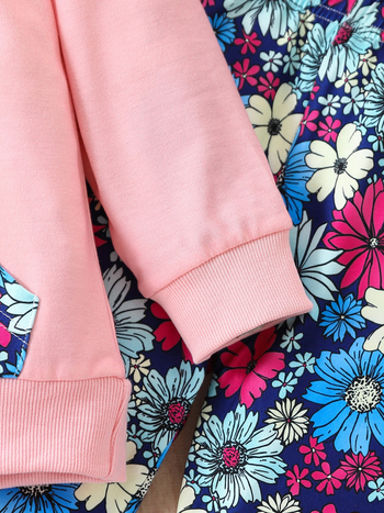 Σετ παντελονιών με μακριά μανίκια για κορίτσια εξωτερικού εμπορίου χονδρικής, δύο τεμαχίων, άνοιξη και φθινόπωρο, ροζ ακανόνιστο μοτίβο λουλουδιών