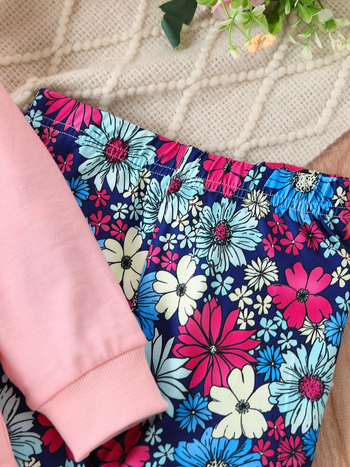 Σετ παντελονιών με μακριά μανίκια για κορίτσια εξωτερικού εμπορίου χονδρικής, δύο τεμαχίων, άνοιξη και φθινόπωρο, ροζ ακανόνιστο μοτίβο λουλουδιών