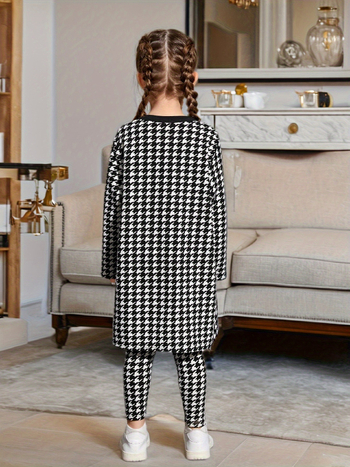 Jachetă lungă cu imprimeu Houndstooth și costum negru scurt cu bretele și pantaloni pentru fete, din trei piese, pentru comerț exterior transfrontalier