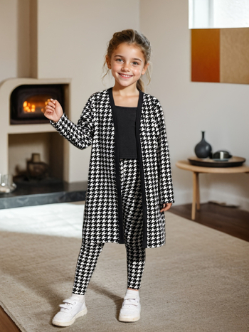Jachetă lungă cu imprimeu Houndstooth și costum negru scurt cu bretele și pantaloni pentru fete, din trei piese, pentru comerț exterior transfrontalier