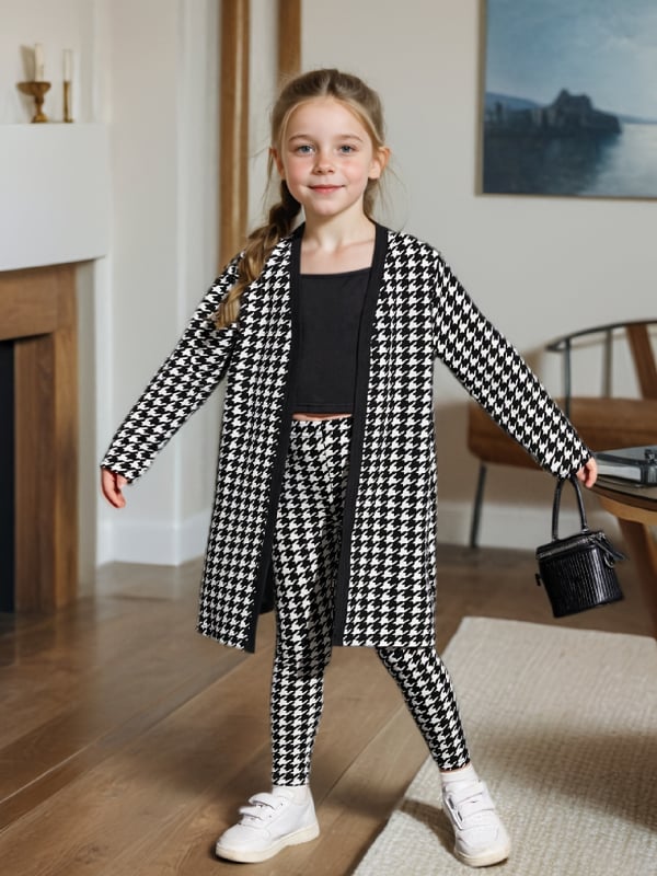 Jachetă lungă cu imprimeu Houndstooth și costum negru scurt cu bretele și pantaloni pentru fete, din trei piese, pentru comerț exterior transfrontalier