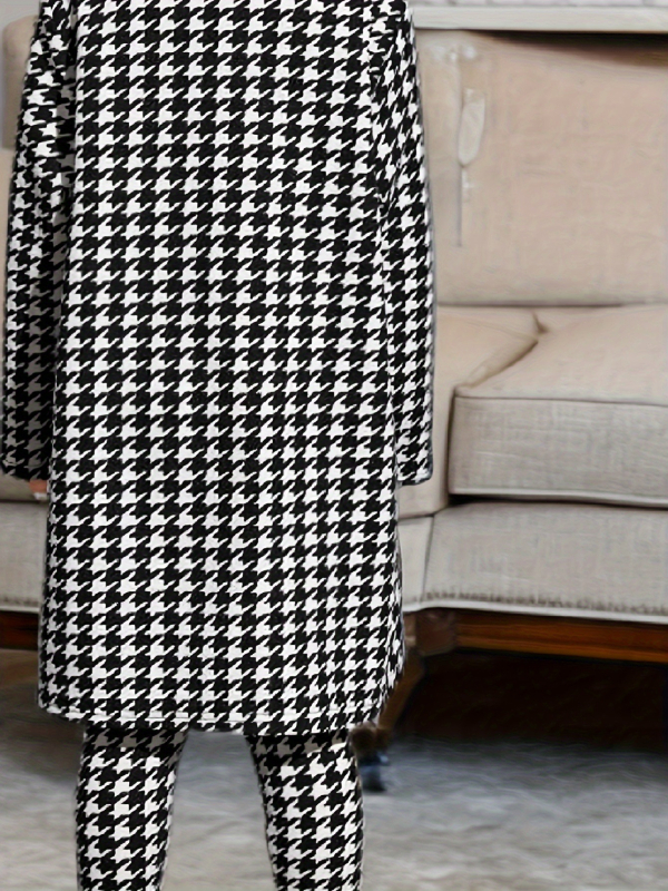 Jachetă lungă cu imprimeu Houndstooth și costum negru scurt cu bretele și pantaloni pentru fete, din trei piese, pentru comerț exterior transfrontalier
