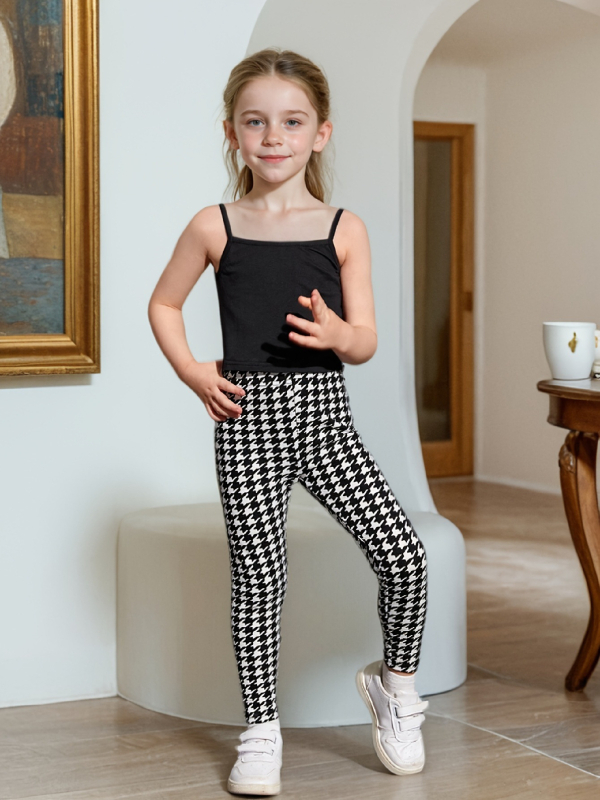 Jachetă lungă cu imprimeu Houndstooth și costum negru scurt cu bretele și pantaloni pentru fete, din trei piese, pentru comerț exterior transfrontalier