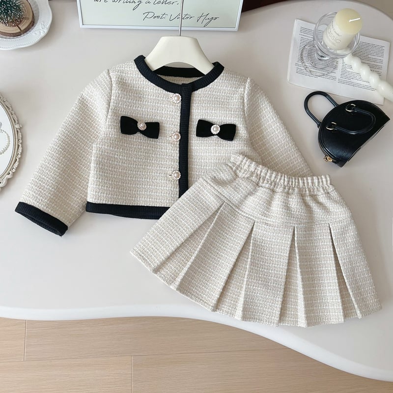 Costum de tweed pentru fetițe, cu mânecă lungă, primăvara 2025, jachetă și fustă pentru fetițe, set la modă din două piese