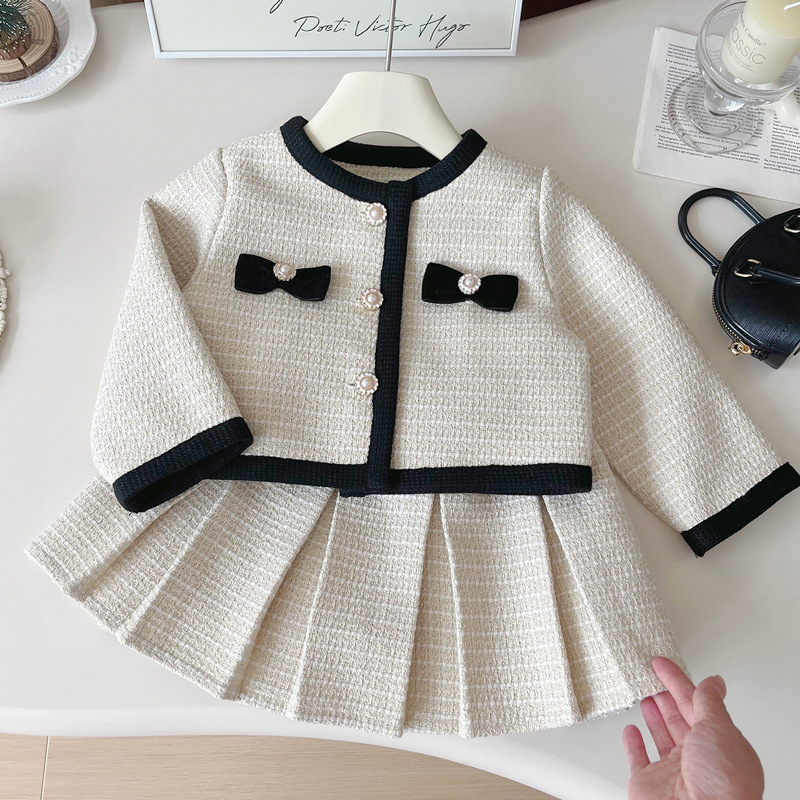 Costum de tweed pentru fetițe, cu mânecă lungă, primăvara 2025, jachetă și fustă pentru fetițe, set la modă din două piese