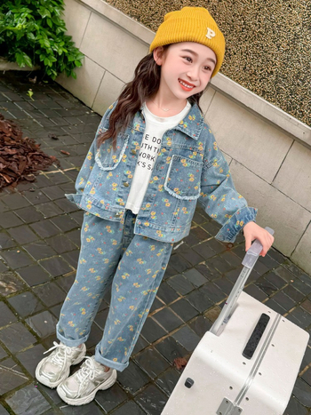 Παιδικό σετ δύο τεμαχίων για κορίτσια με κίτρινο λουλούδι, άνοιξη και φθινόπωρο 2025, νέο μοντέρνο παιδικό σετ δύο τεμαχίων για μωρά και κορίτσια, φθινοπωρινό