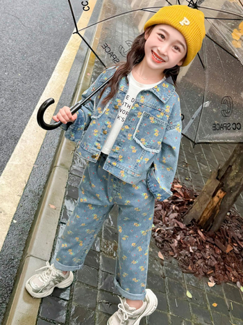 Παιδικό σετ δύο τεμαχίων για κορίτσια με κίτρινο λουλούδι, άνοιξη και φθινόπωρο 2025, νέο μοντέρνο παιδικό σετ δύο τεμαχίων για μωρά και κορίτσια, φθινοπωρινό