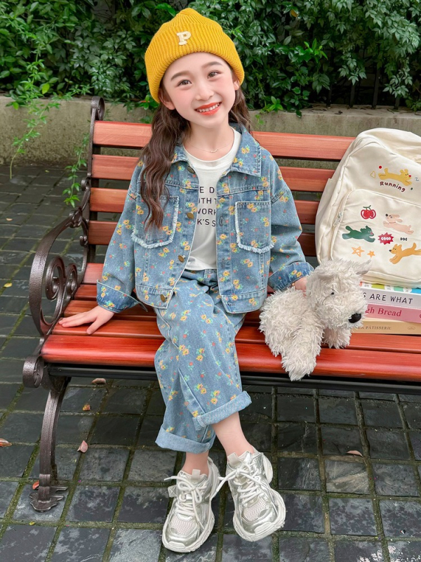 Costum din denim cu flori galbene pentru fete, primăvara și toamna 2025, nou la modă, set din două piese pentru copii, fetițe, toamnă