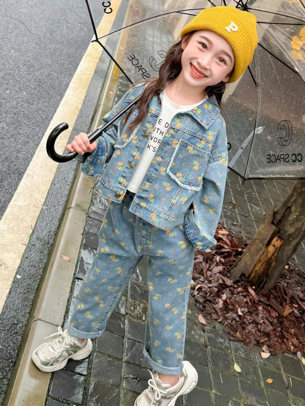 Costum din denim cu flori galbene pentru fete, primăvara și toamna 2025, nou la modă, set din două piese pentru copii, fetițe, toamnă
