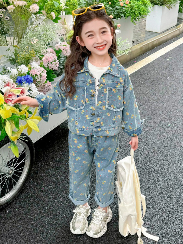 Costum din denim cu flori galbene pentru fete, primăvara și toamna 2025, nou la modă, set din două piese pentru copii, fetițe, toamnă