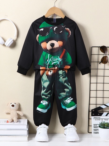 Fiú öltöny Őszi, határokon átnyúló, nagykereskedelmi, európai és amerikai stílusú, medvenyomatos, kerek nyakú, hosszú ujjú, melegítő, lezser, kétrészes nadrág szett