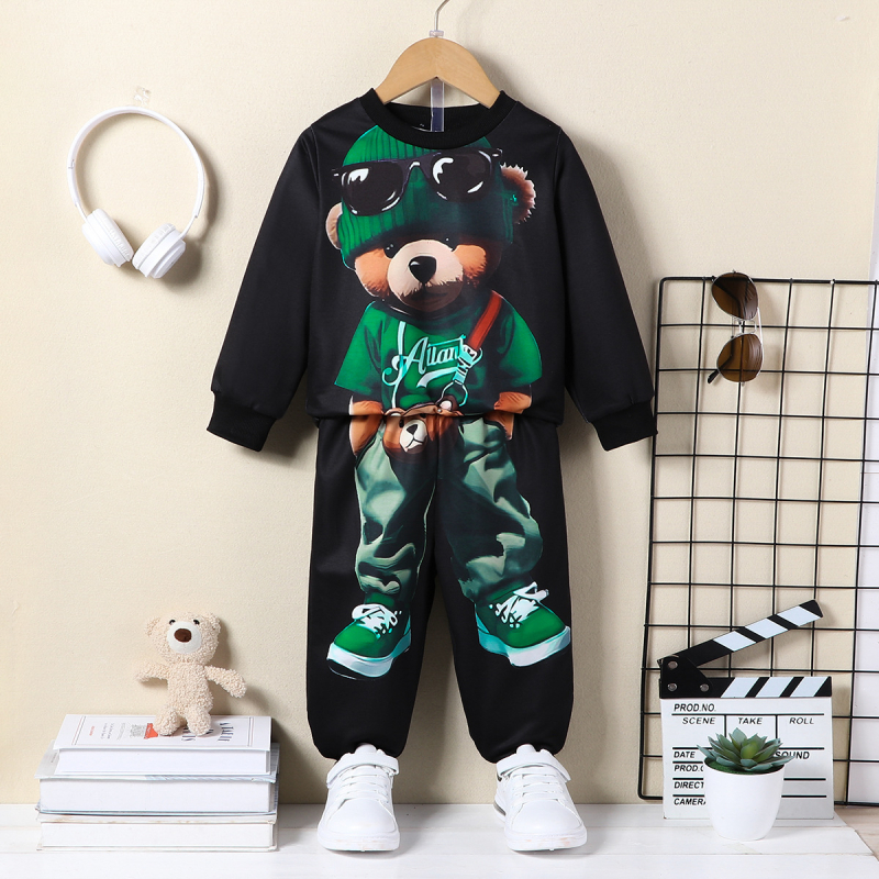 Fiú öltöny Őszi, határokon átnyúló, nagykereskedelmi, európai és amerikai stílusú, medvenyomatos, kerek nyakú, hosszú ujjú, melegítő, lezser, kétrészes nadrág szett