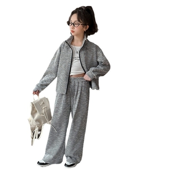 Κοριτσίστικο κοστούμι άνοιξης και φθινοπώρου 2025 Νέο στυλάτο ριγέ μπουφάν για κορίτσια, casual, μοντέρνο δύο τεμαχίων