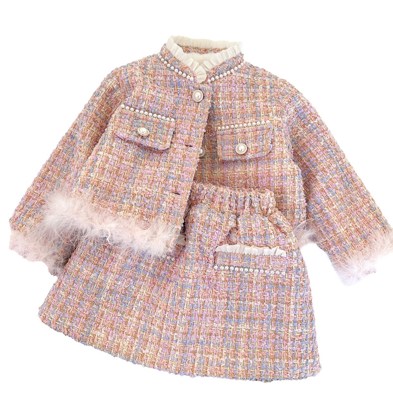 Lányok divatos Chanel stílusú ruhája, bélelt, 2024-es téli új divatos, vastagított kabát-szoknya, kétrészes szett