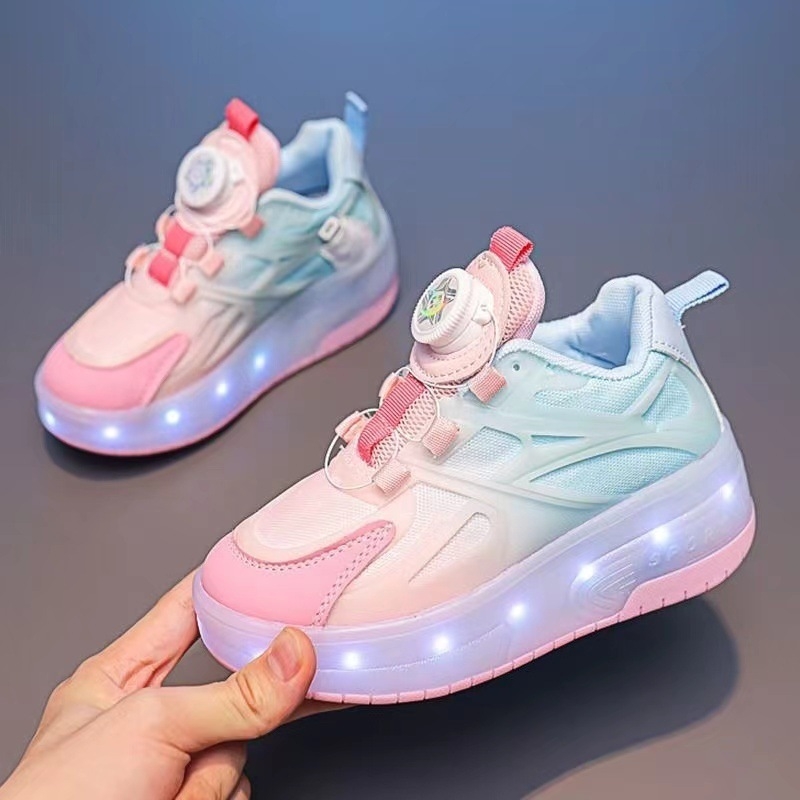 Heloo kingad tüdrukutele kevad ja sügis 2025 uued tüdrukute rihmarattaga kingad võrgust punase vilkuriga laste uisutamis tossud pöörleva pandlaga