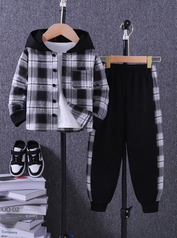 Cross-Border különleges tavaszi kockás kardigán, dzseki, nadrág, öltöny, fiú kapucnis, hosszú ujjú ing és nadrág kétrészes szett