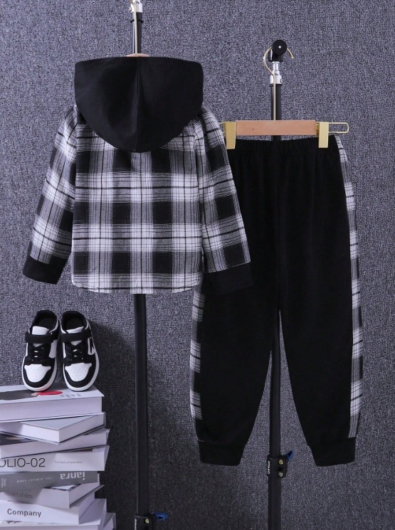 Cross-Border különleges tavaszi kockás kardigán, dzseki, nadrág, öltöny, fiú kapucnis, hosszú ujjú ing és nadrág kétrészes szett