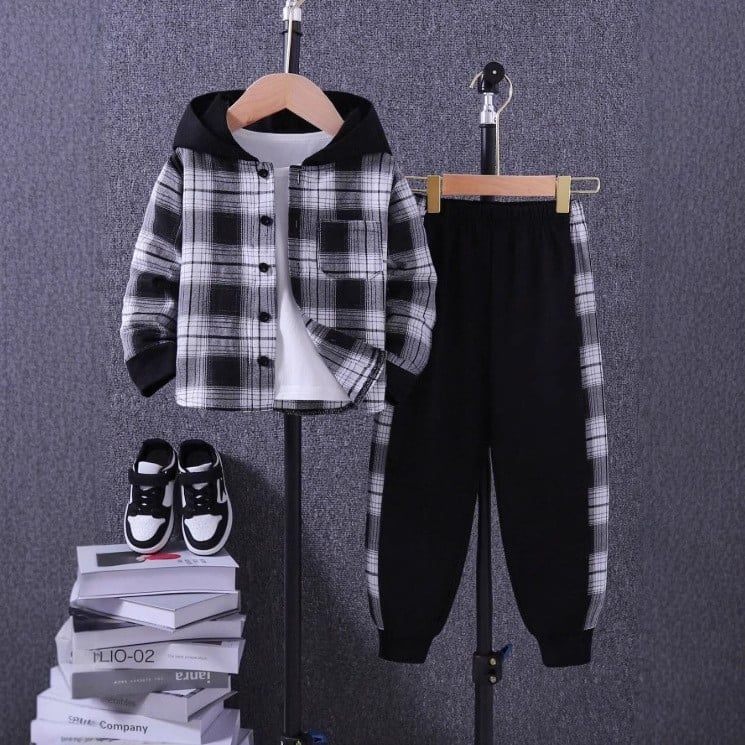 Cross-Border különleges tavaszi kockás kardigán, dzseki, nadrág, öltöny, fiú kapucnis, hosszú ujjú ing és nadrág kétrészes szett