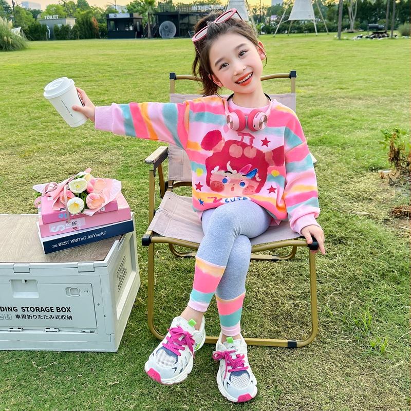 Dievčenské farebné pruhované legíny, dvojdielna súprava, nový kórejský štýl, internetový oblek celebrít, dropshipping, detské oblečenie, detské jarné oblečenie Trbottomy