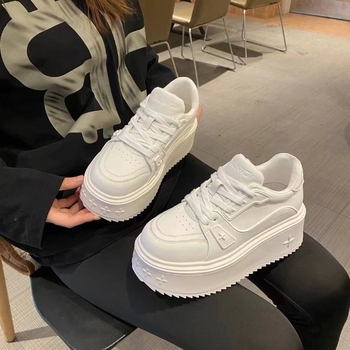 Γυναικεία Λευκά Παπούτσια με Χοντρή Σόλα και Στρογγυλή Μύτη από Γνήσιο Δέρμα, Άνοιξη 2025, Νέα Σόλα Πλατφόρμας, Ψηλοτάκουνα, Δαντέλα και Κορδόνια, Casual Sneakers για Γυναικεία Παπούτσια