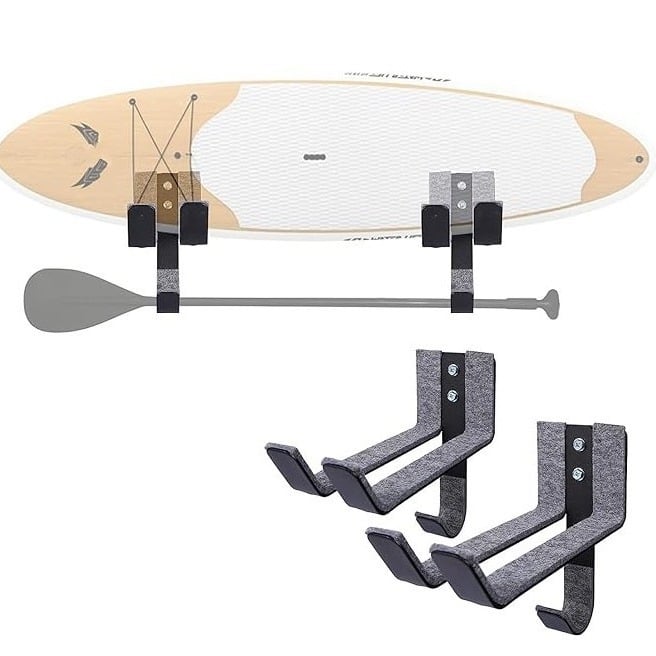 Ράφι για σανίδες του σερφ με γάντζο, skateboard, snowboard, κρεμαστό τοίχο, με κουπί Mat Sports, ξύλινο κουπί με μακριά λαβή
