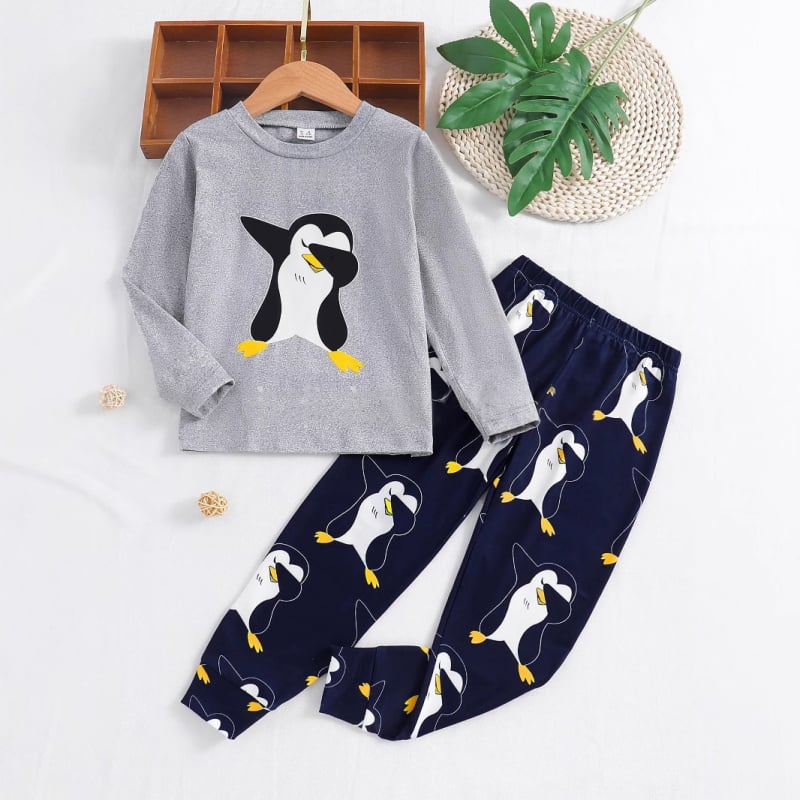 Furnizor AliExpress pentru copii, mărime mare, cu mânecă lungă, cu desene animate de pinguin, pantaloni scurți, haine de aer condiționat, pijamale, costum de băieți