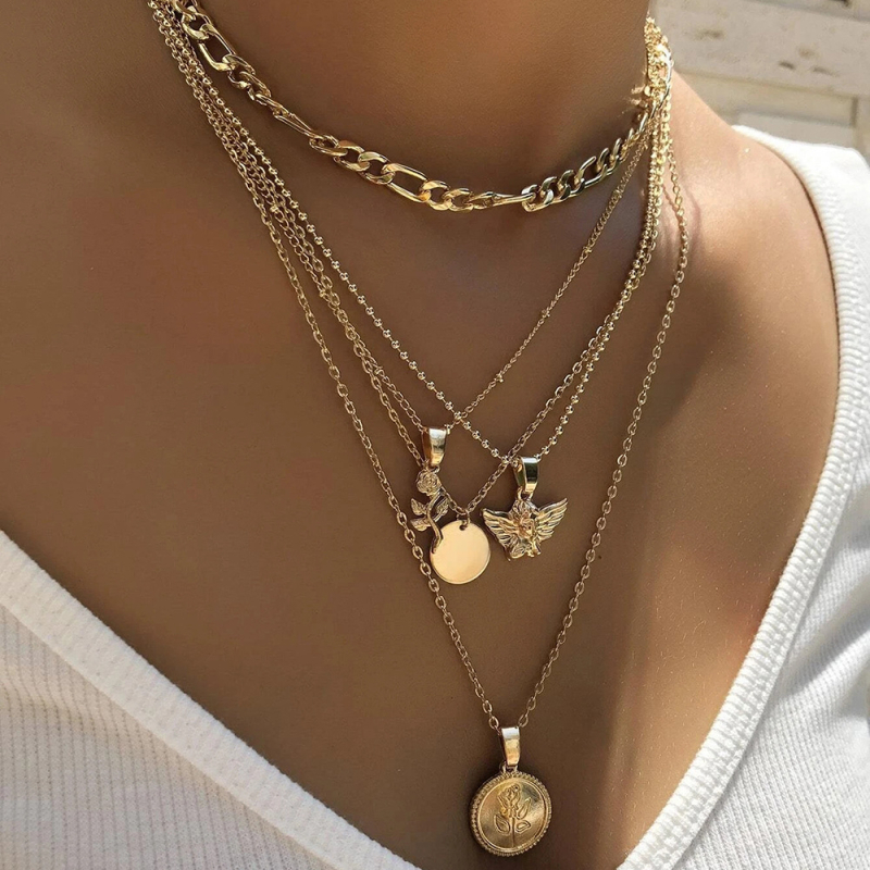 Colier cu pandantiv multistrat cu trandafir european și american, bijuterii pentru femei, retro, de înaltă calitate, personalizat, cu lanț de claviculă, accesorii, en-gros
