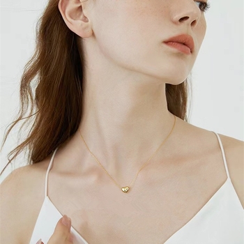 Κολιέ με καρδιά από ασήμι 925, επιχρυσωμένο με χρυσό 14 καρατίων, γυαλιστερό μενταγιόν σε σχήμα καρδιάς για γυναίκες, απλή νέα γαλλική αλυσίδα κλείδας χωρίς διαμάντια