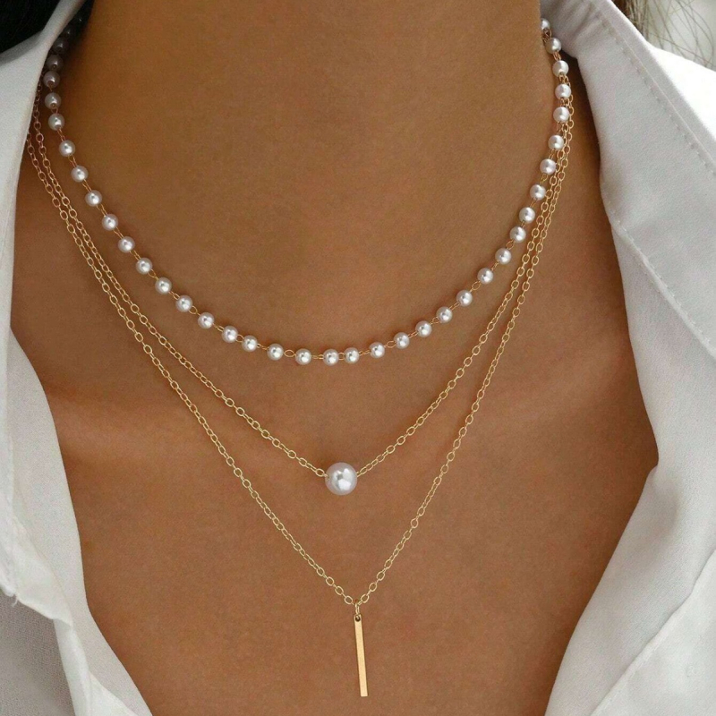 2024 Export transfrontalier geometric lung pandantiv imitație de perle cu mărgele colier multistrat elegant bijuterii simple pentru femei