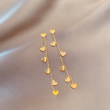 925 sterling ezüst, aranyozott fülbevalók, stílusos, hosszú, hatszögletű, barackszínű, szív alakú, bojtos fülbevalók, elegáns, elegáns, művészi, Xiaoqing