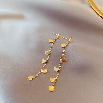 925 sterling ezüst, aranyozott fülbevalók, stílusos, hosszú, hatszögletű, barackszínű, szív alakú, bojtos fülbevalók, elegáns, elegáns, művészi, Xiaoqing