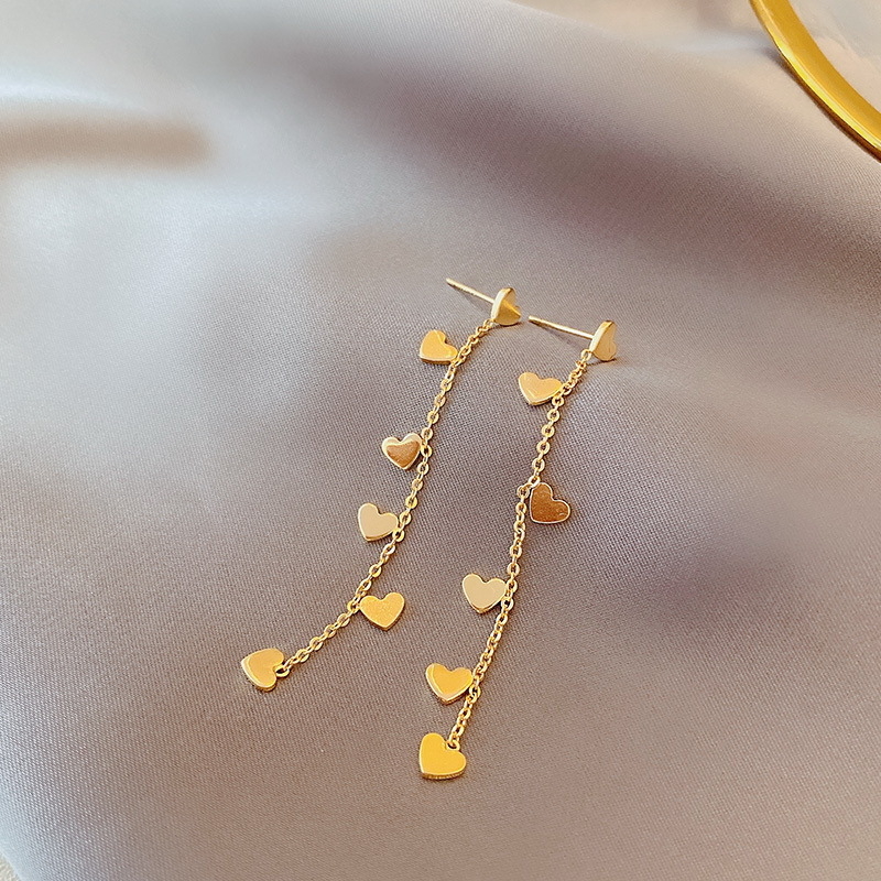 925 sterling ezüst, aranyozott fülbevalók, stílusos, hosszú, hatszögletű, barackszínű, szív alakú, bojtos fülbevalók, elegáns, elegáns, művészi, Xiaoqing