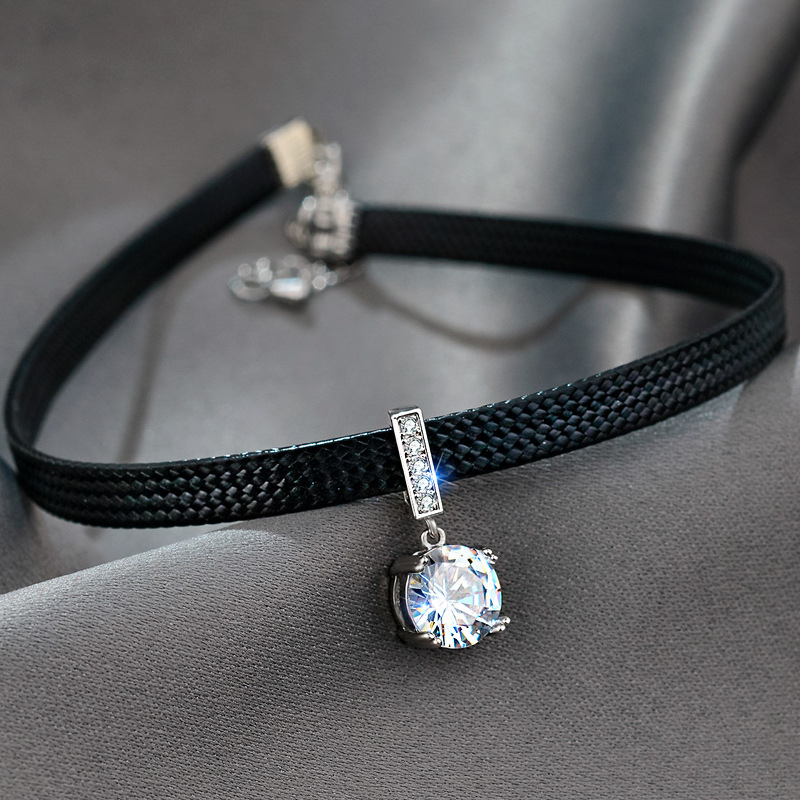 Niche Design Super Flash Zircon Pandantiv Choker Curea din Piele Colier Femei Lanț Claviculă Scurt Simplu Elegant