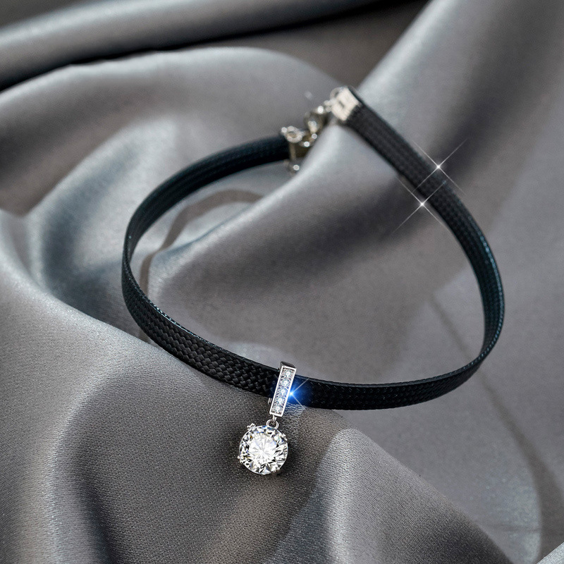 Niche Design Super Flash Zircon Pandantiv Choker Curea din Piele Colier Femei Lanț Claviculă Scurt Simplu Elegant