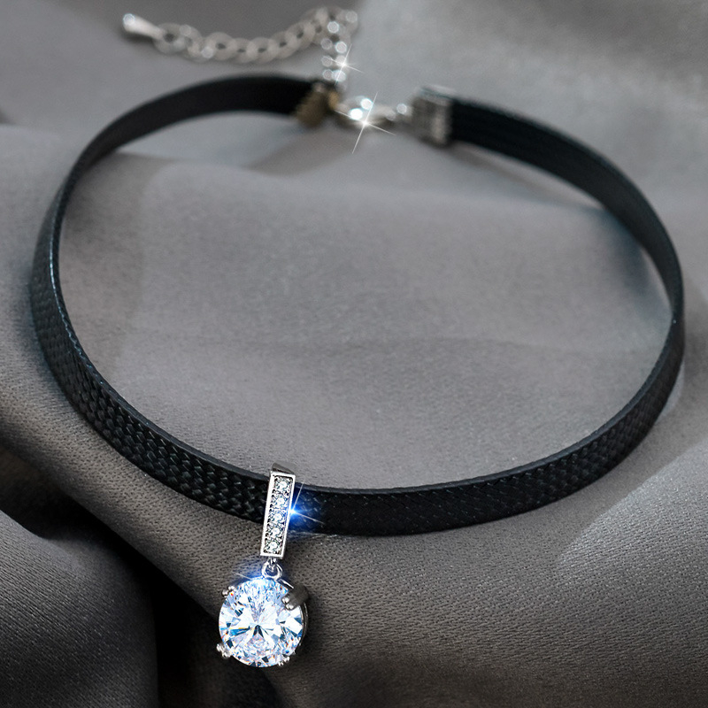 Niche Design Super Flash Zircon Pandantiv Choker Curea din Piele Colier Femei Lanț Claviculă Scurt Simplu Elegant