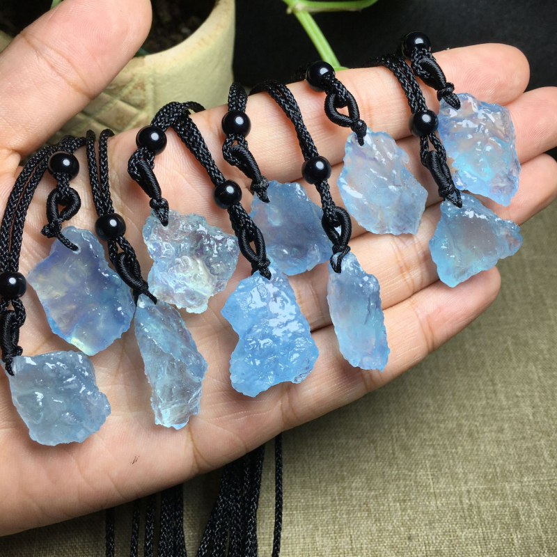 Dabīga akvamarīna oriģinālā akmens kulons, vienkārša, moderna, temperamentīga pīta virve vīriešiem un sievietēm, pārrobežu vairumtirdzniecība