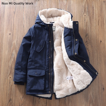 Augstas klases bērnu sabiezētas līdakas drēbes Kokvilnas pildījums Zēnu apģērbs Vidēja garuma flīsa jaka Ziemas apģērbs ar kokvilnas pildījumu Mētelis Ārējās tirdzniecības bērnu apģērbs