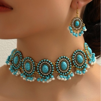 Transfrontaliere europene și americane, vânzare fierbinte, boem, faimos stil etnic turcoaz, accesorii, temperament gât colier cercei bijuterii pentru femei costum