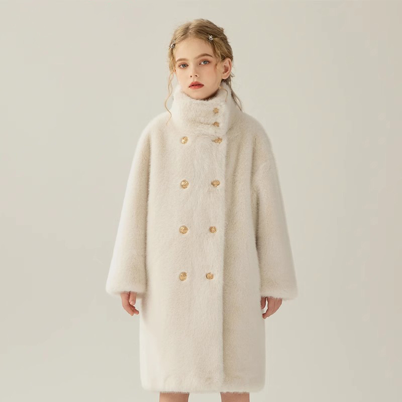 Laste karusnahast üleriided, tüdrukute talvised naaritsaimitatsioonist üleriided, väikese tüdruku kuldsed naaritsa üleriided, keskmise pikkusega, tepitud ja paksendatud